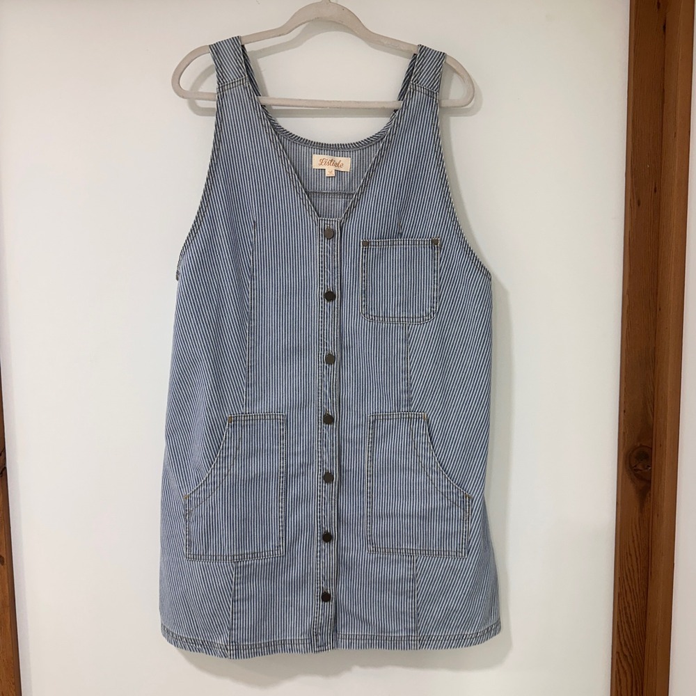 Listicle‎ Hickory Stripe Pinafore Dress Women Size L Blue White Button Front